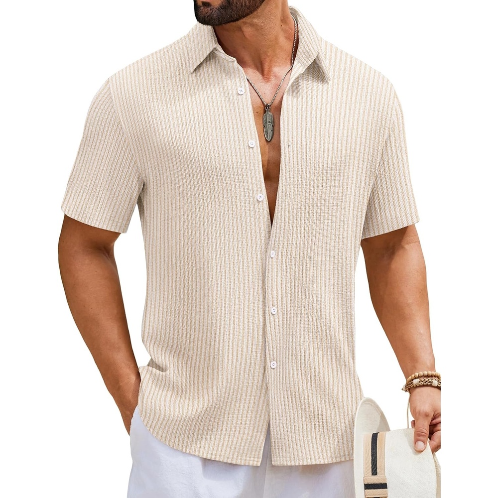 image:imageCOOFANDY Mens Short Sleeve Casual Shirts Button Down Striped Summer Shirts Textured Vacation Beach ShirtA WhiteBeige