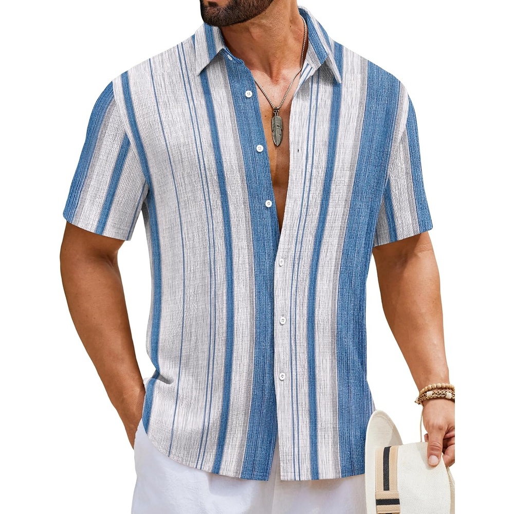 image:imageCOOFANDY Mens Short Sleeve Casual Shirts Button Down Striped Summer Shirts Textured Vacation Beach ShirtA WhiteBlue 02