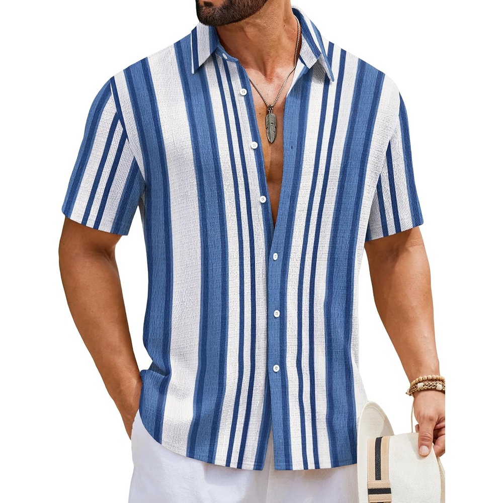 image:imageCOOFANDY Mens Short Sleeve Casual Shirts Button Down Striped Summer Shirts Textured Vacation Beach ShirtA WhiteBlue 03