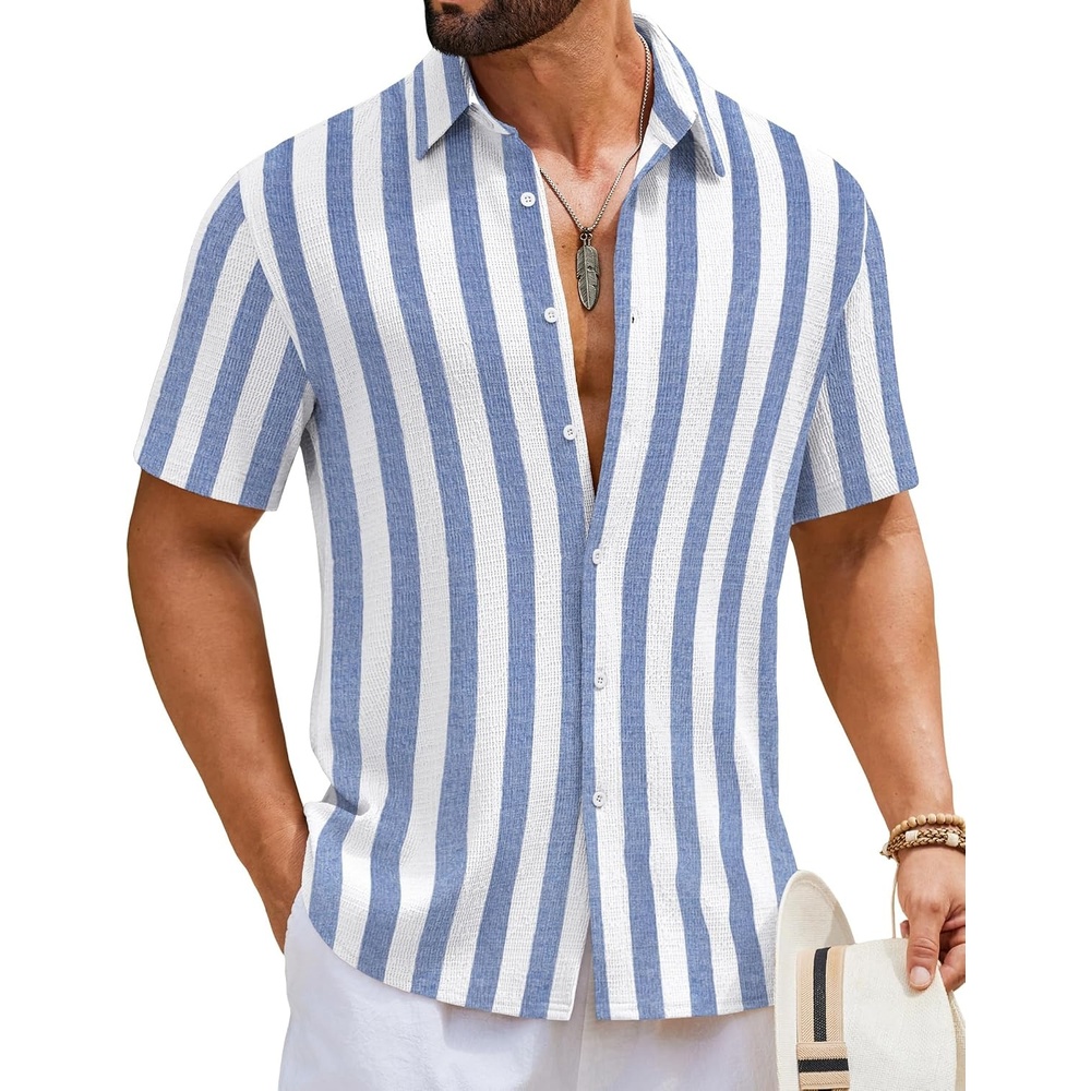 image:imageCOOFANDY Mens Short Sleeve Casual Shirts Button Down Striped Summer Shirts Textured Vacation Beach ShirtA WhiteLight Blue