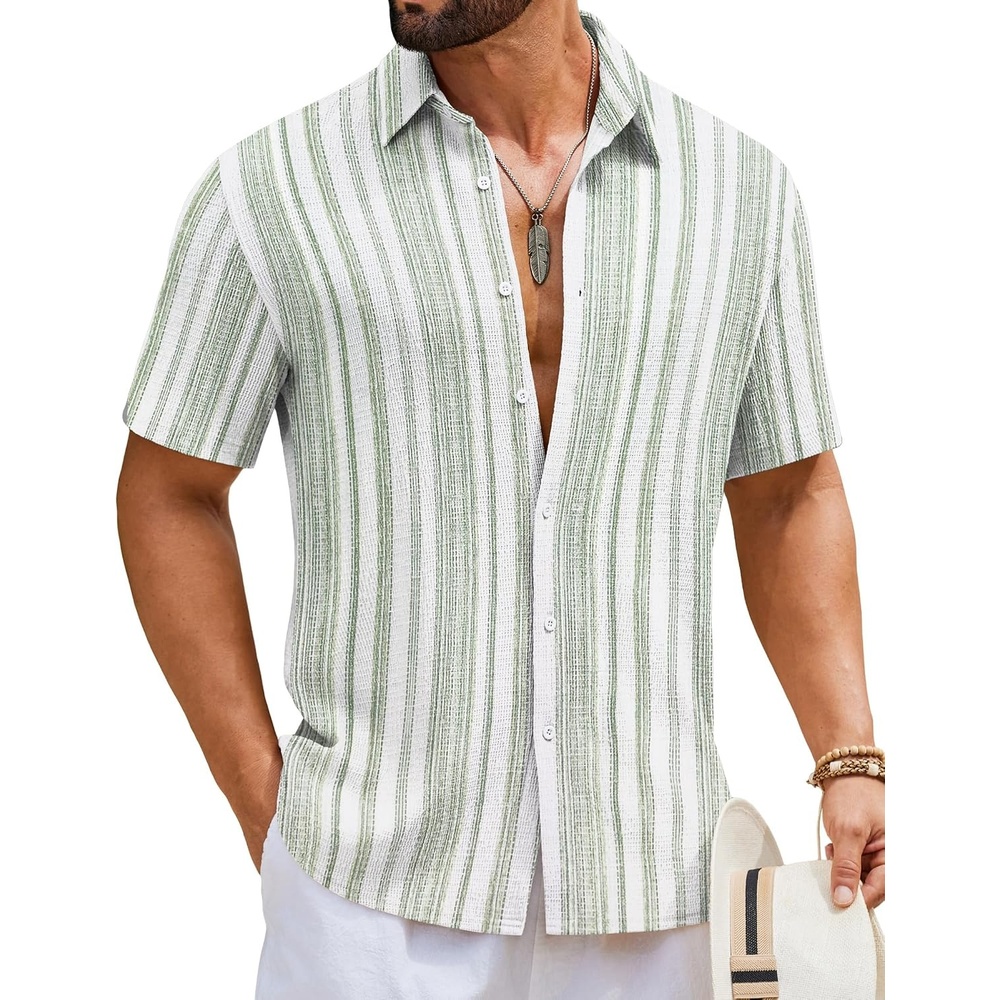 image:imageCOOFANDY Mens Short Sleeve Casual Shirts Button Down Striped Summer Shirts Textured Vacation Beach ShirtA WhiteLight Green