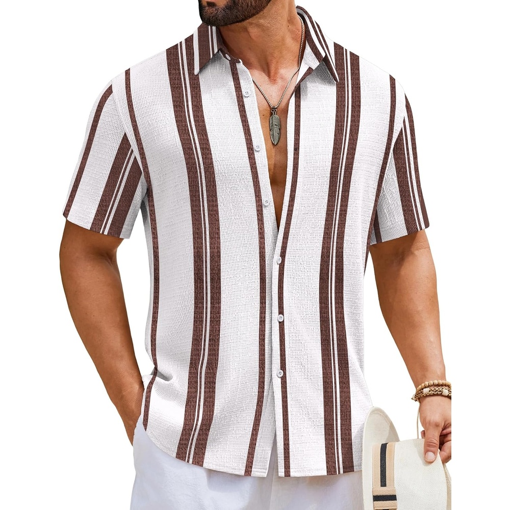 image:imageCOOFANDY Mens Short Sleeve Casual Shirts Button Down Striped Summer Shirts Textured Vacation Beach ShirtB WhiteBrown