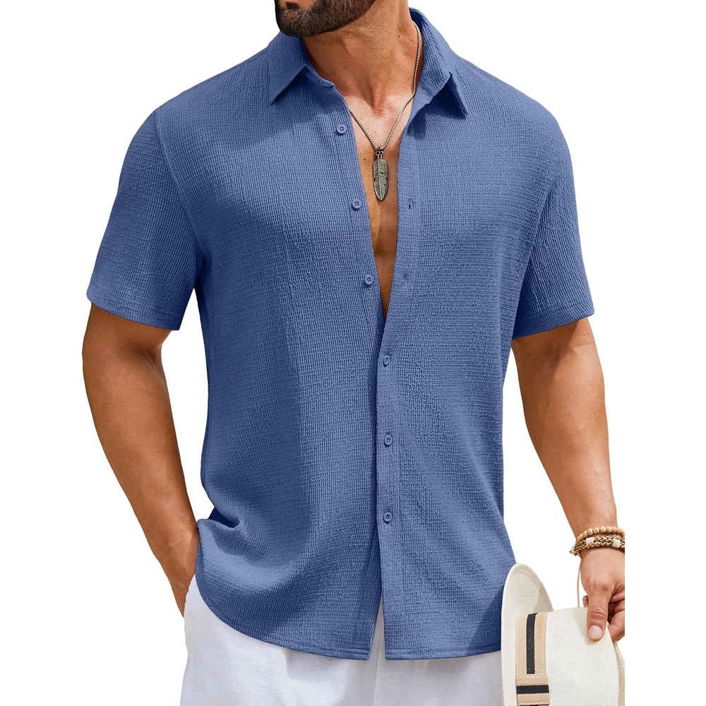 image:imageCOOFANDY Mens Short Sleeve Casual Shirts Button Down Striped Summer Shirts Textured Vacation Beach ShirtGrey Blue