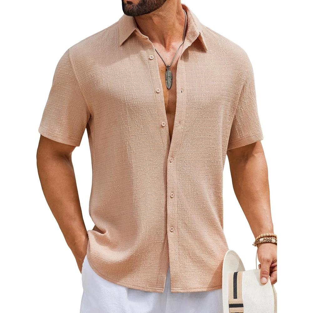 image:imageCOOFANDY Mens Short Sleeve Casual Shirts Button Down Striped Summer Shirts Textured Vacation Beach ShirtKhaki