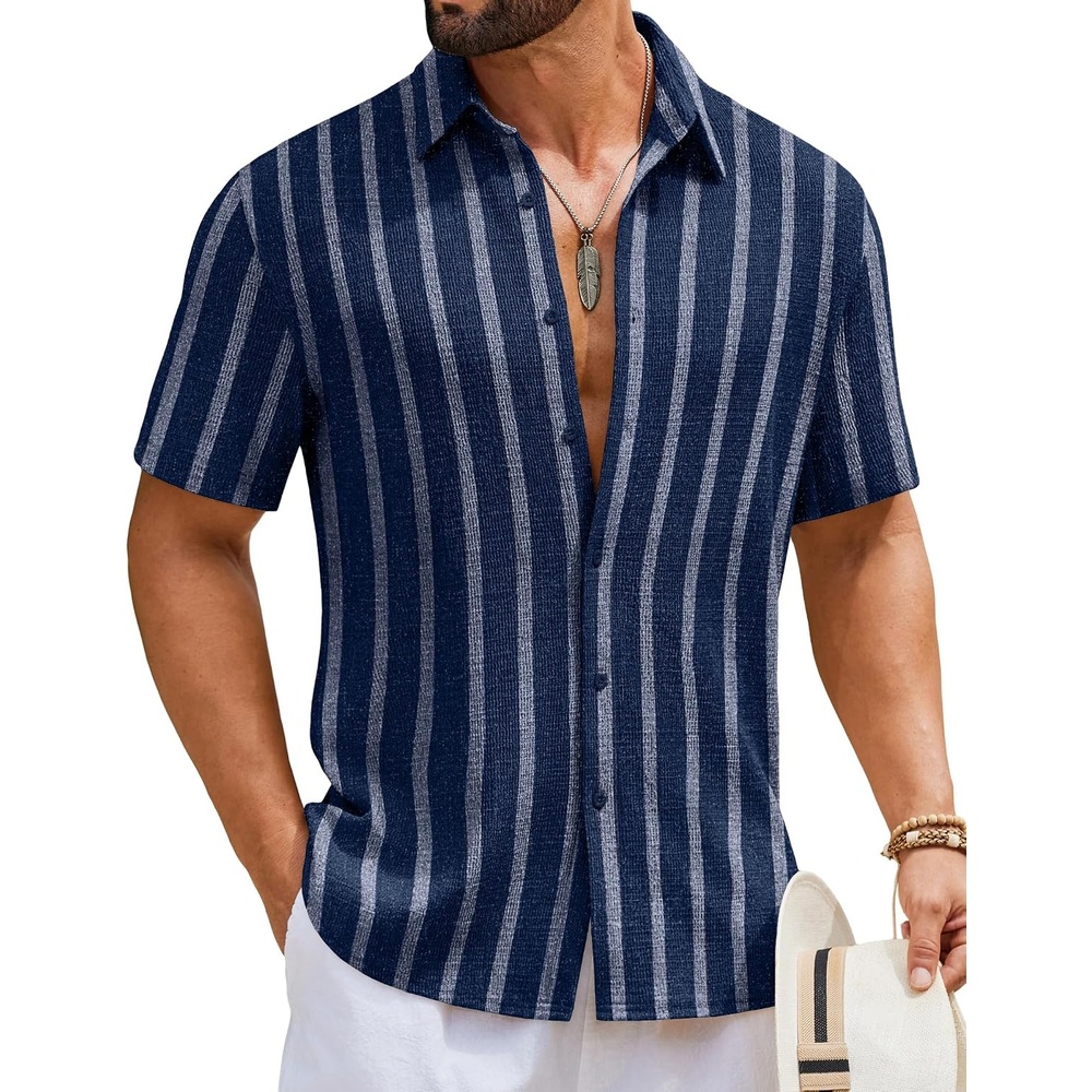 image:imageCOOFANDY Mens Short Sleeve Casual Shirts Button Down Striped Summer Shirts Textured Vacation Beach ShirtNavy BlueDark Grey