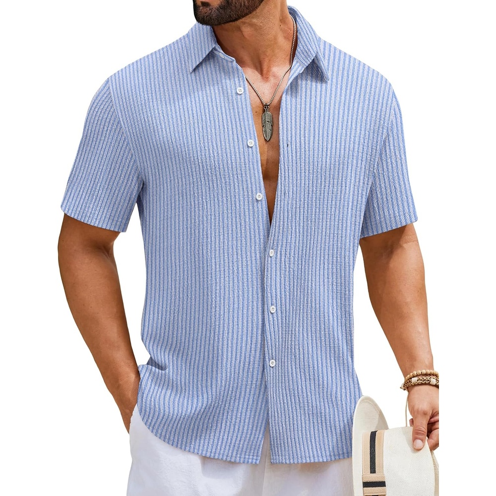 image:imageCOOFANDY Mens Short Sleeve Casual Shirts Button Down Striped Summer Shirts Textured Vacation Beach ShirtWhiteBlue