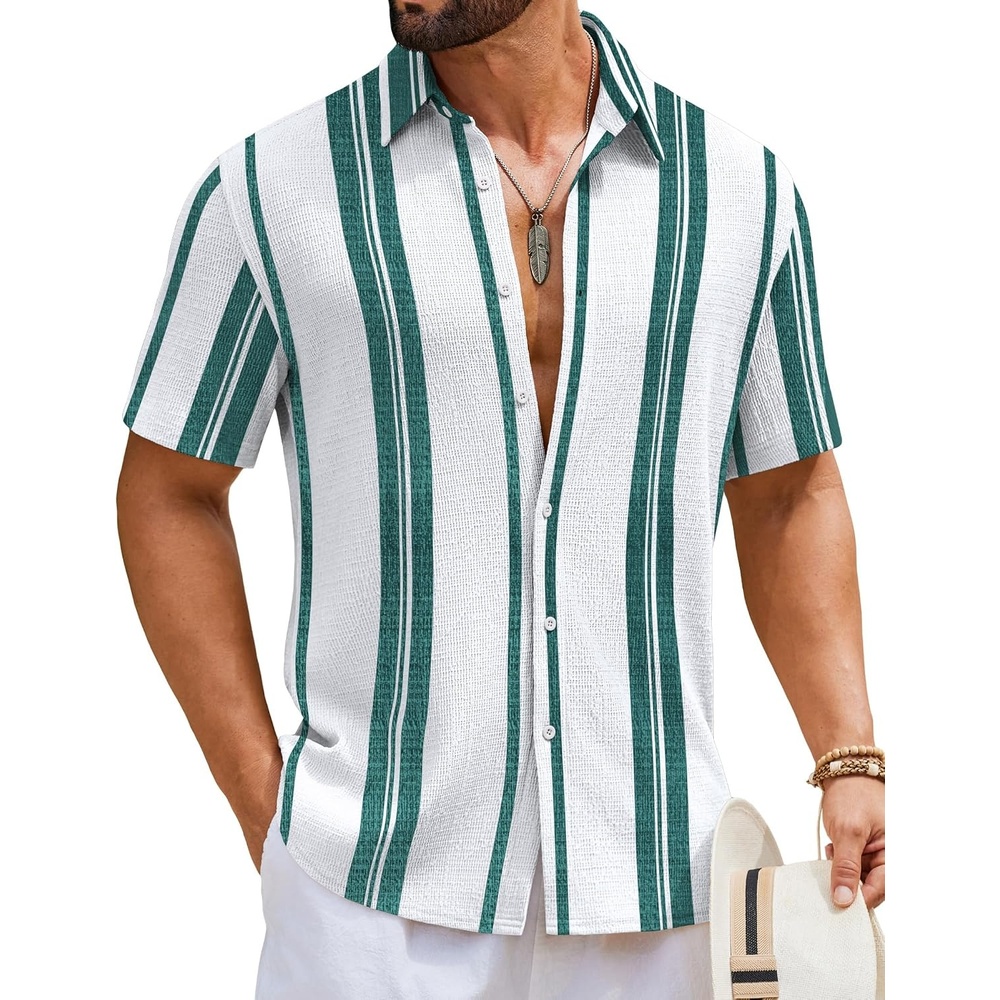 image:imageCOOFANDY Mens Short Sleeve Casual Shirts Button Down Striped Summer Shirts Textured Vacation Beach ShirtWhiteGreen