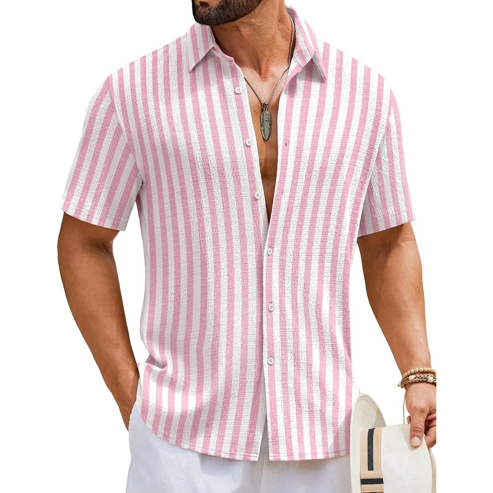 image:imageCOOFANDY Mens Short Sleeve Casual Shirts Button Down Striped Summer Shirts Textured Vacation Beach ShirtWhitePink