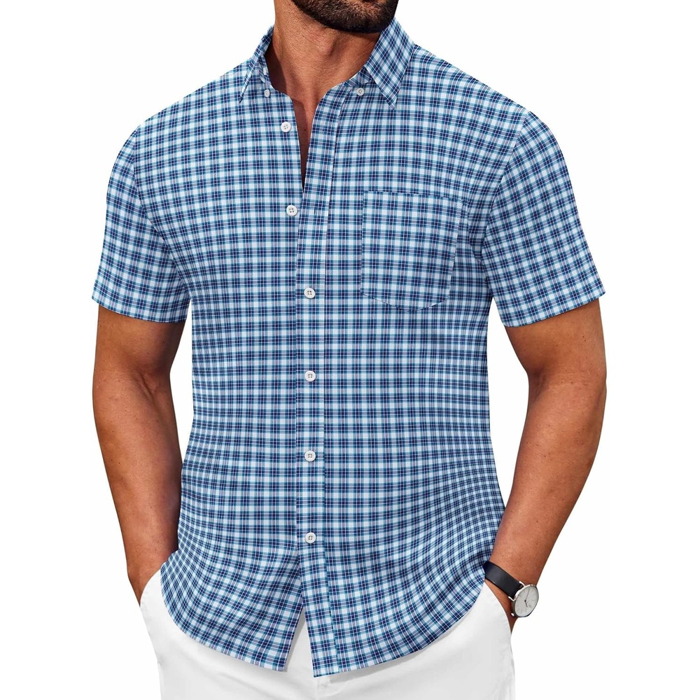 image:imageCOOFANDY Mens Short Sleeve Oxford Shirt Casual Button Down Shirts Summer Untucked Dress Shirt with PocketBlue Green Plaid