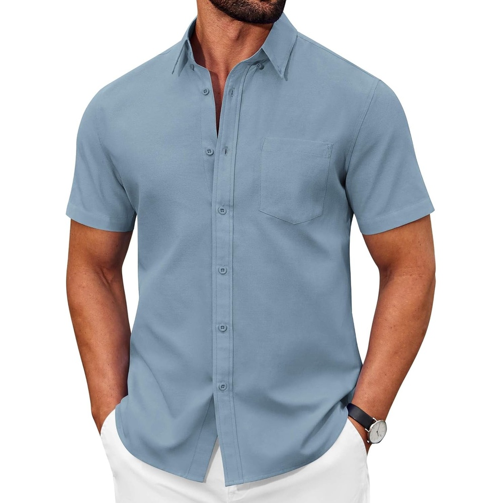 image:imageCOOFANDY Mens Short Sleeve Oxford Shirt Casual Button Down Shirts Summer Untucked Dress Shirt with PocketDenim Blue