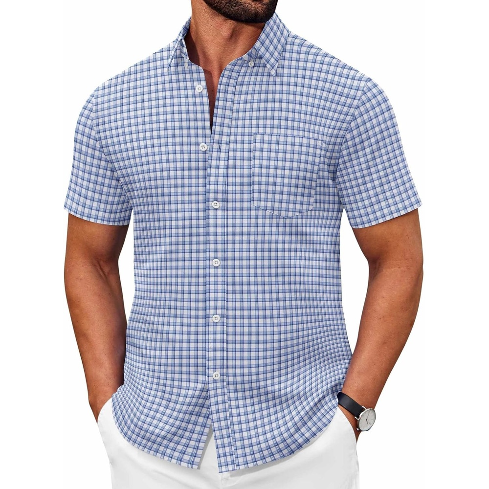 image:imageCOOFANDY Mens Short Sleeve Oxford Shirt Casual Button Down Shirts Summer Untucked Dress Shirt with PocketLight Blue Plaid