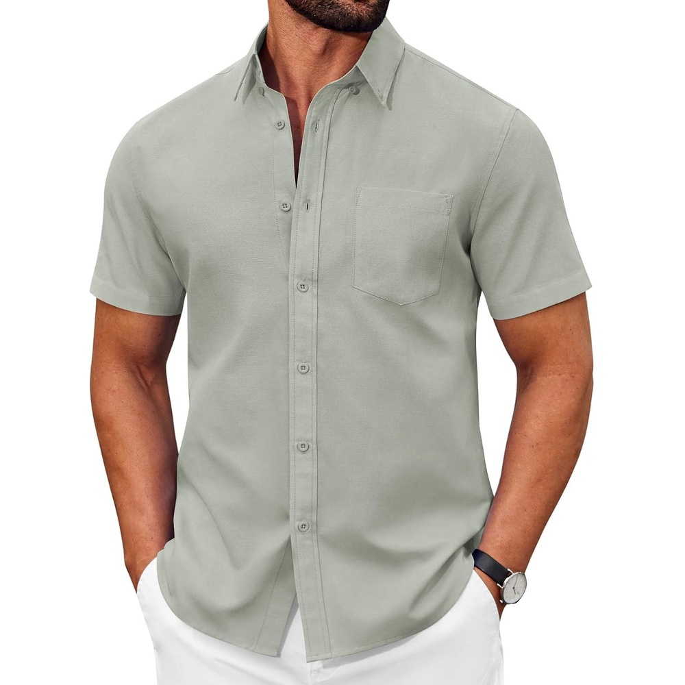 image:imageCOOFANDY Mens Short Sleeve Oxford Shirt Casual Button Down Shirts Summer Untucked Dress Shirt with PocketLight Green