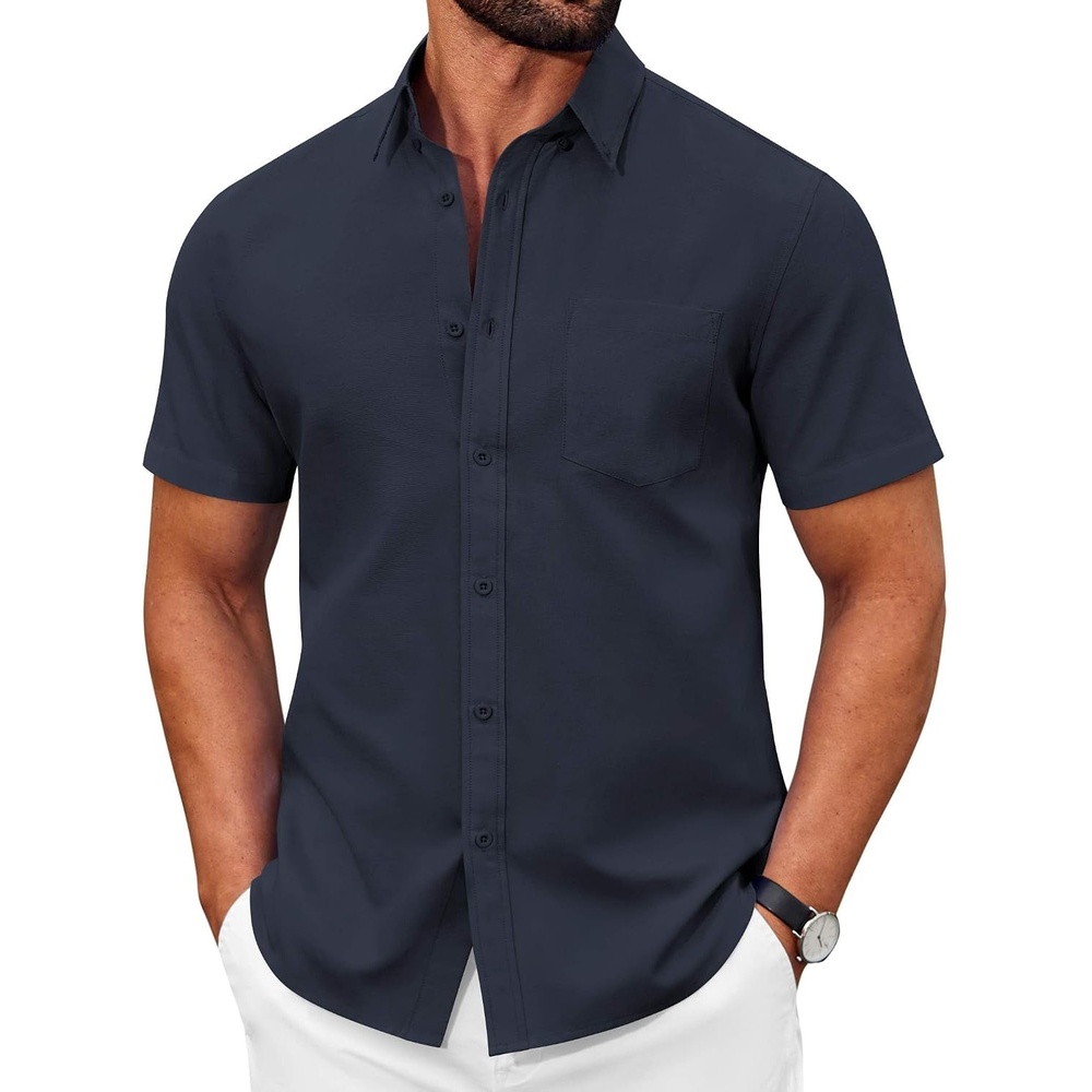 image:imageCOOFANDY Mens Short Sleeve Oxford Shirt Casual Button Down Shirts Summer Untucked Dress Shirt with PocketNavy Blue
