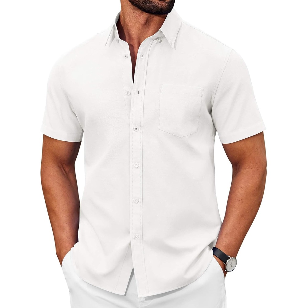 image:imageCOOFANDY Mens Short Sleeve Oxford Shirt Casual Button Down Shirts Summer Untucked Dress Shirt with PocketWhite