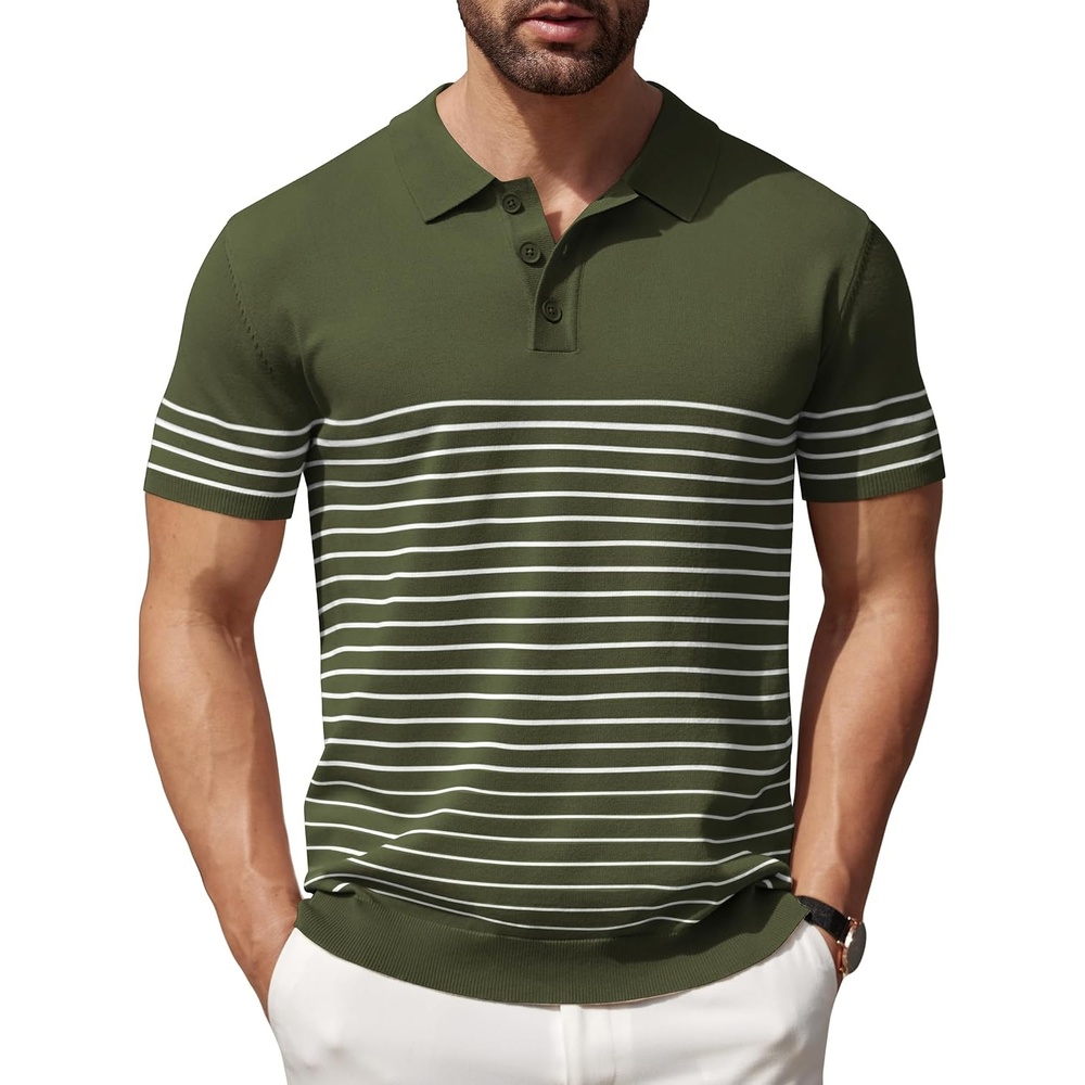 image:imageCOOFANDY Mens Short Sleeve Polo Shirts Vintage Knitted Shirt Casual Button Down Golf ShirtsArmy Green White Stripes
