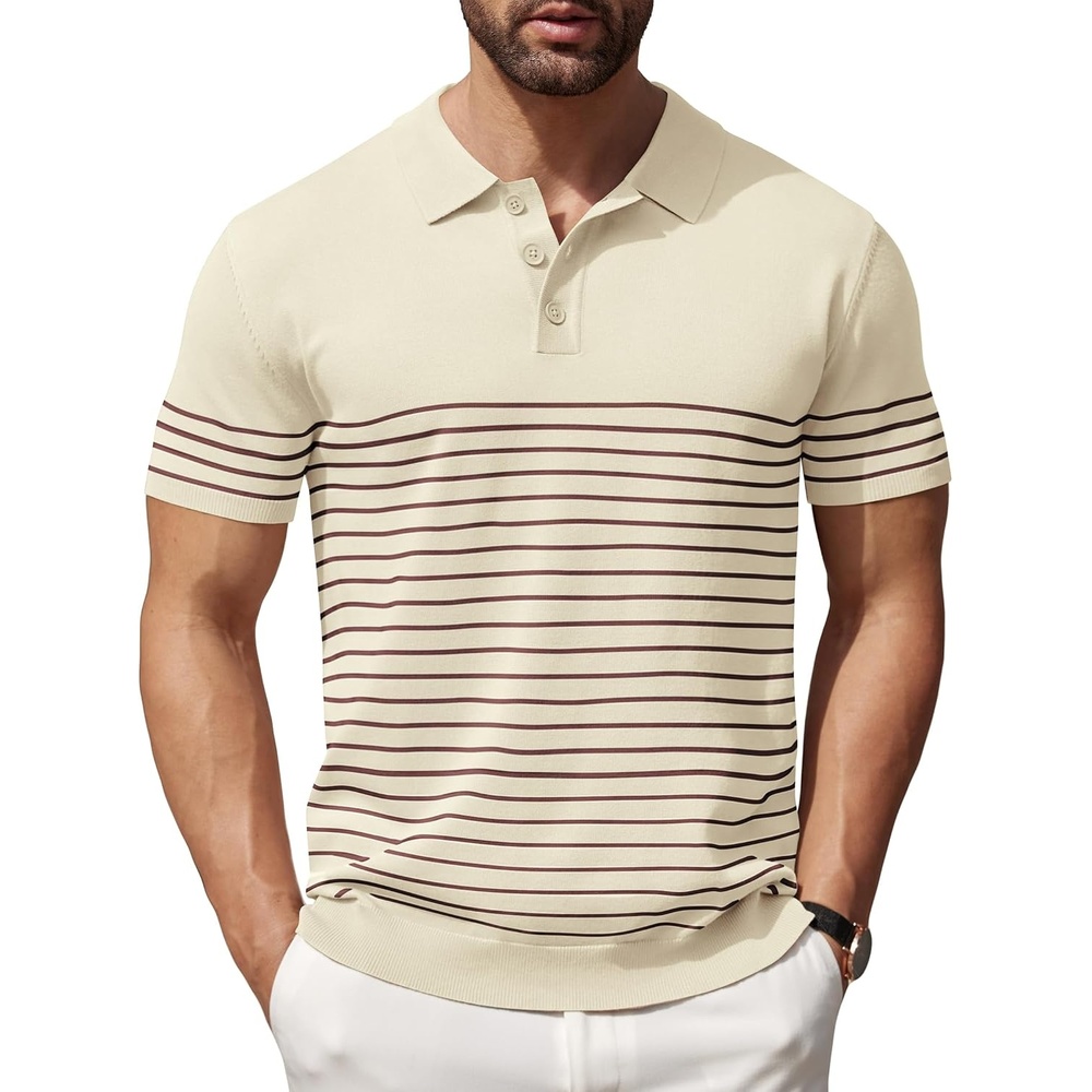 image:imageCOOFANDY Mens Short Sleeve Polo Shirts Vintage Knitted Shirt Casual Button Down Golf ShirtsBeige Caramel Stripes