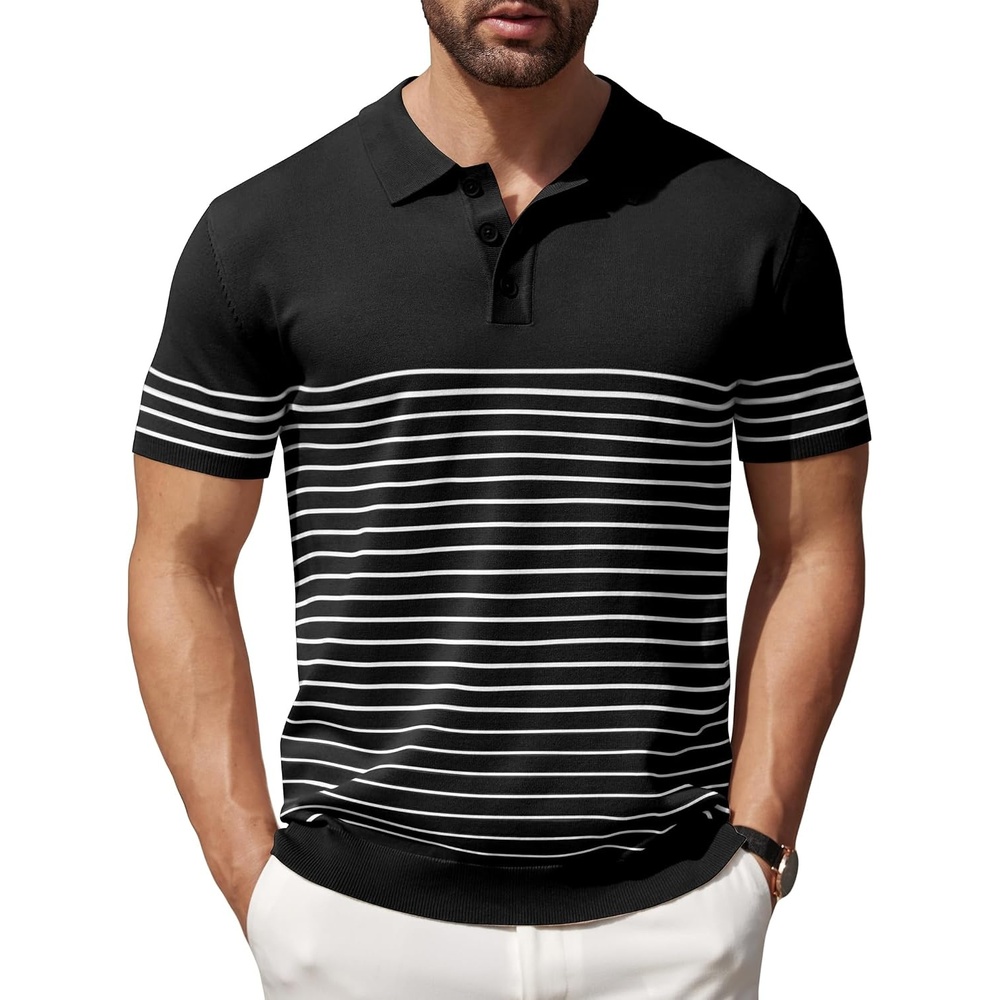 image:imageCOOFANDY Mens Short Sleeve Polo Shirts Vintage Knitted Shirt Casual Button Down Golf ShirtsBlack White Stripes