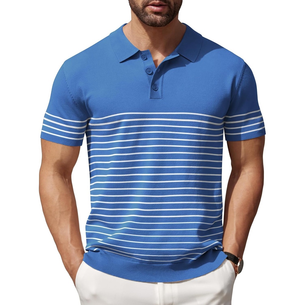 image:imageCOOFANDY Mens Short Sleeve Polo Shirts Vintage Knitted Shirt Casual Button Down Golf ShirtsBlue White Stripes