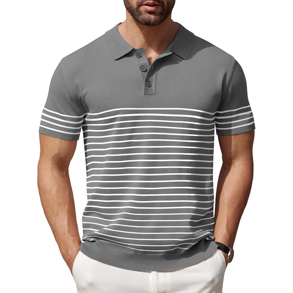 image:imageCOOFANDY Mens Short Sleeve Polo Shirts Vintage Knitted Shirt Casual Button Down Golf ShirtsGrey White Stripes