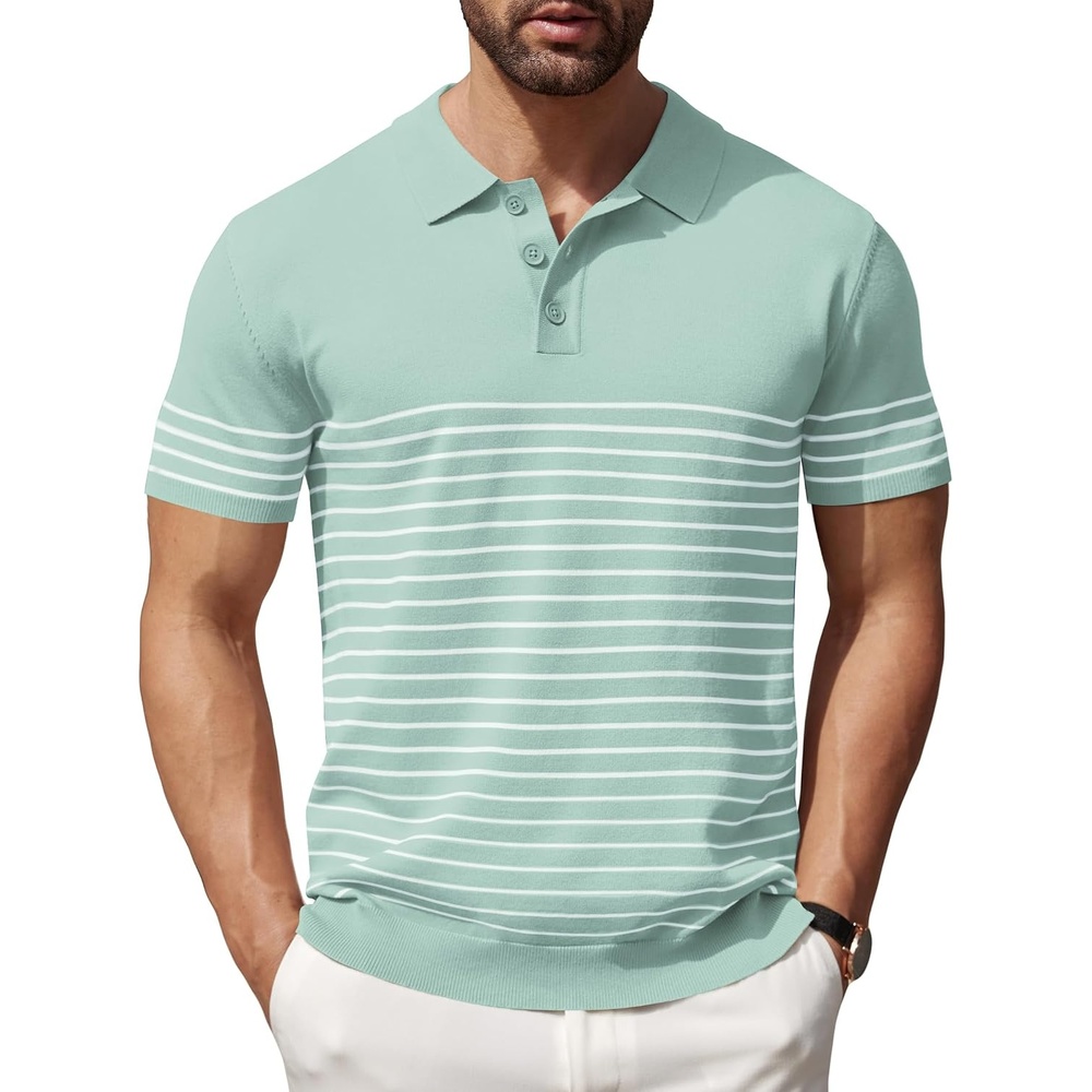 image:imageCOOFANDY Mens Short Sleeve Polo Shirts Vintage Knitted Shirt Casual Button Down Golf ShirtsIce Green White Stripes