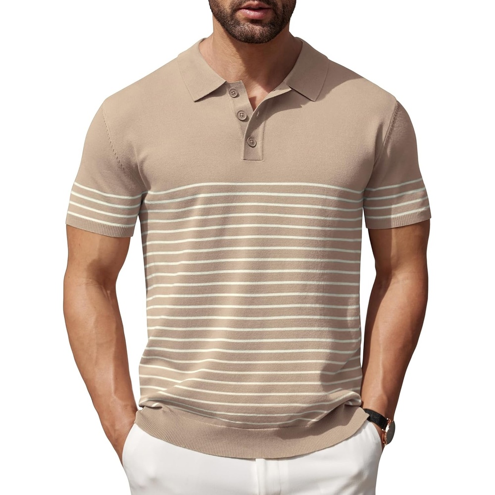 image:imageCOOFANDY Mens Short Sleeve Polo Shirts Vintage Knitted Shirt Casual Button Down Golf ShirtsKhaki Beige Stripes