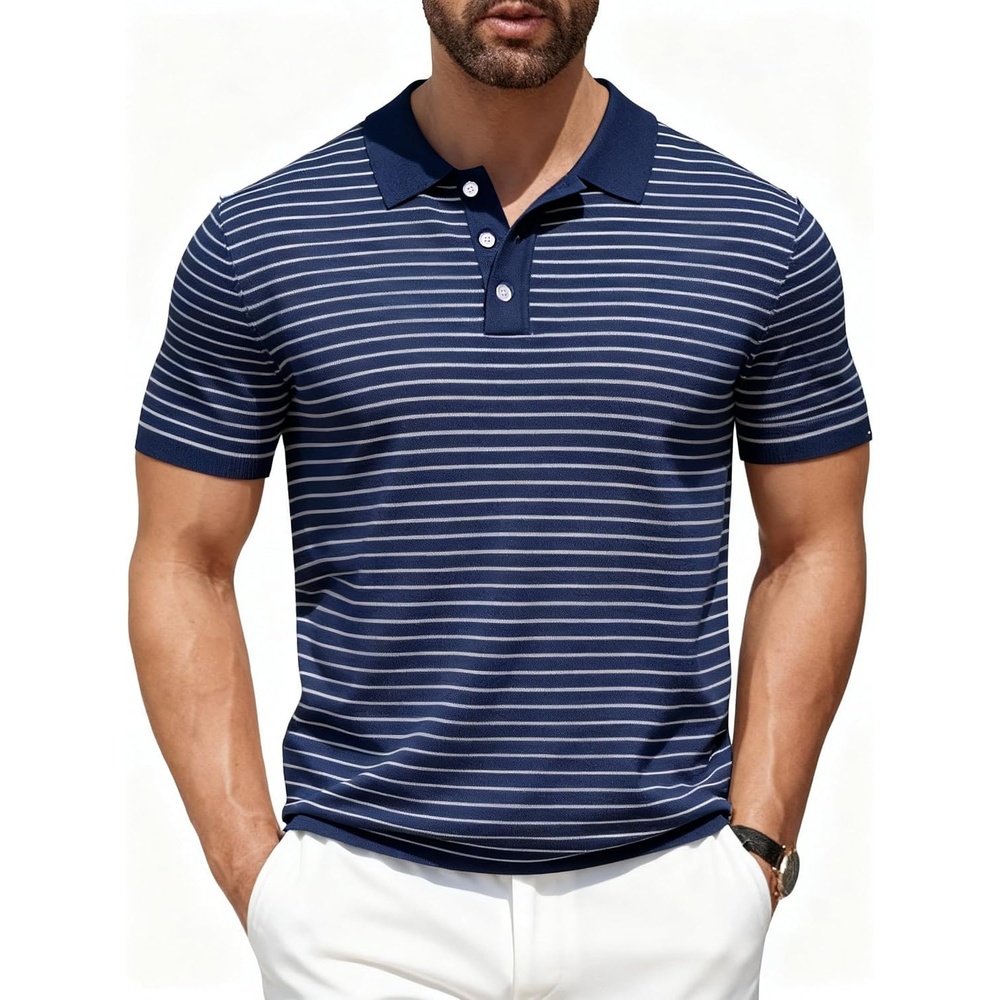image:imageCOOFANDY Mens Short Sleeve Polo Shirts Vintage Knitted Shirt Casual Button Down Golf ShirtsNavy Blue Full Stripes