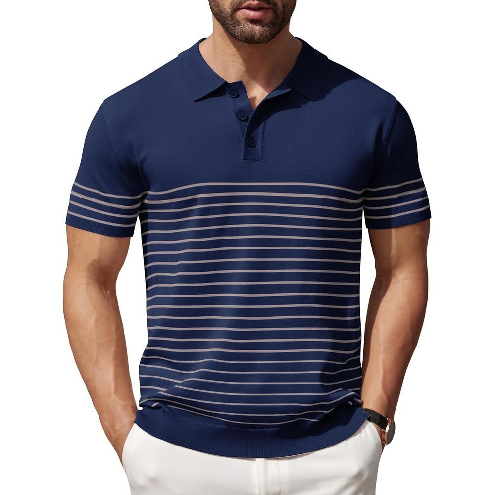 image:imageCOOFANDY Mens Short Sleeve Polo Shirts Vintage Knitted Shirt Casual Button Down Golf ShirtsNavy Blue Grey Stripes