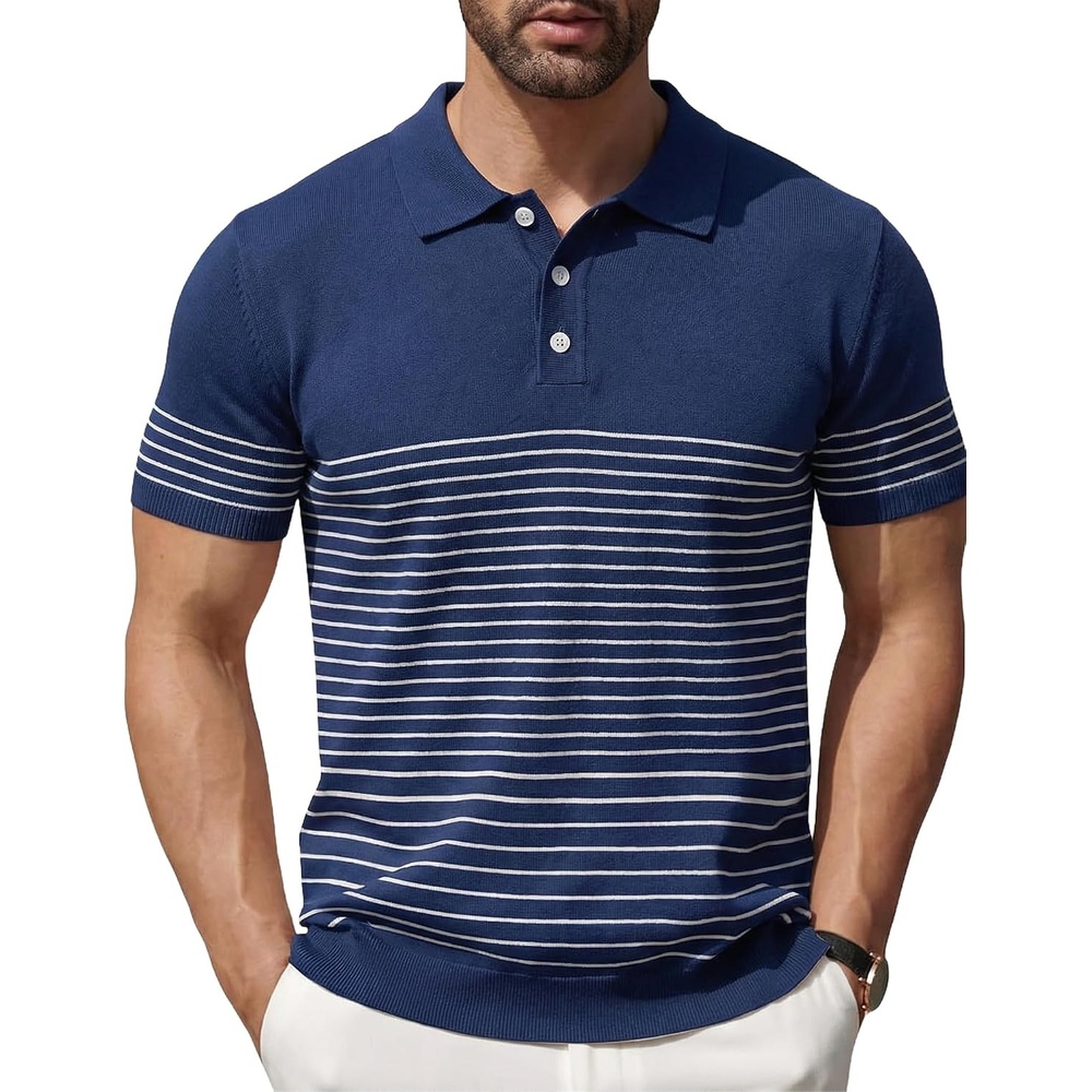 image:imageCOOFANDY Mens Short Sleeve Polo Shirts Vintage Knitted Shirt Casual Button Down Golf ShirtsNavy Blue White Stripes