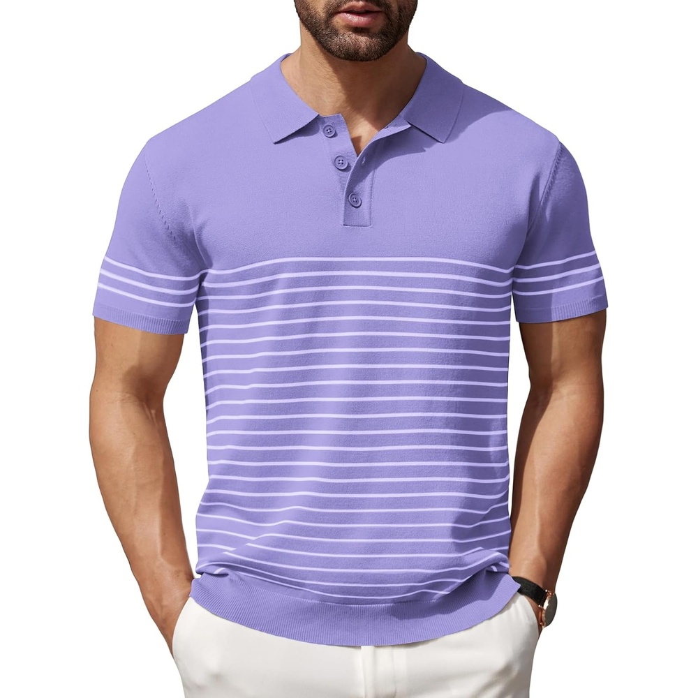 image:imageCOOFANDY Mens Short Sleeve Polo Shirts Vintage Knitted Shirt Casual Button Down Golf ShirtsPurplewhite Stripes