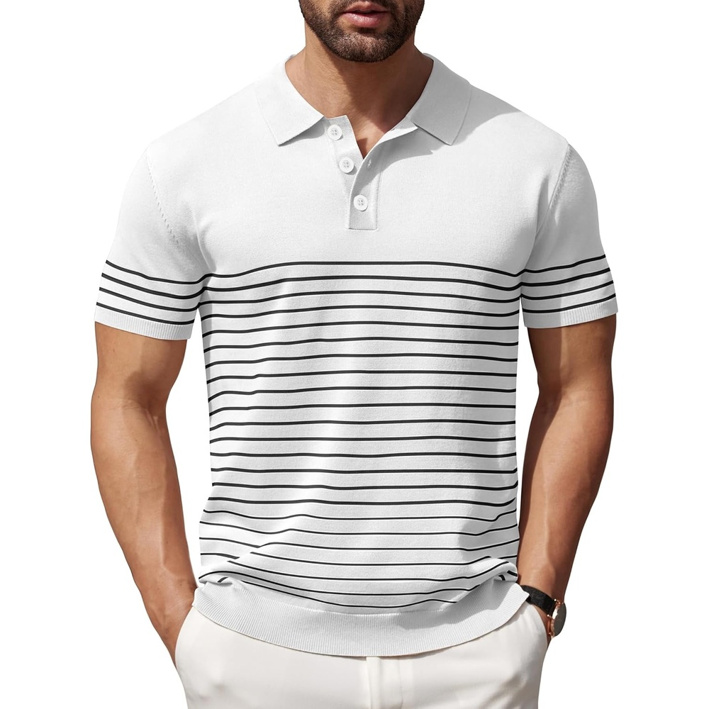 image:imageCOOFANDY Mens Short Sleeve Polo Shirts Vintage Knitted Shirt Casual Button Down Golf ShirtsWhite Black Stripes