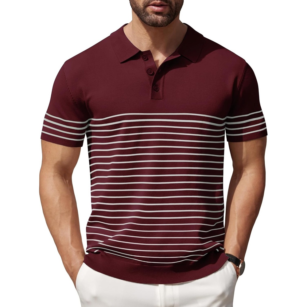 image:imageCOOFANDY Mens Short Sleeve Polo Shirts Vintage Knitted Shirt Casual Button Down Golf ShirtsWine Red White Stripes
