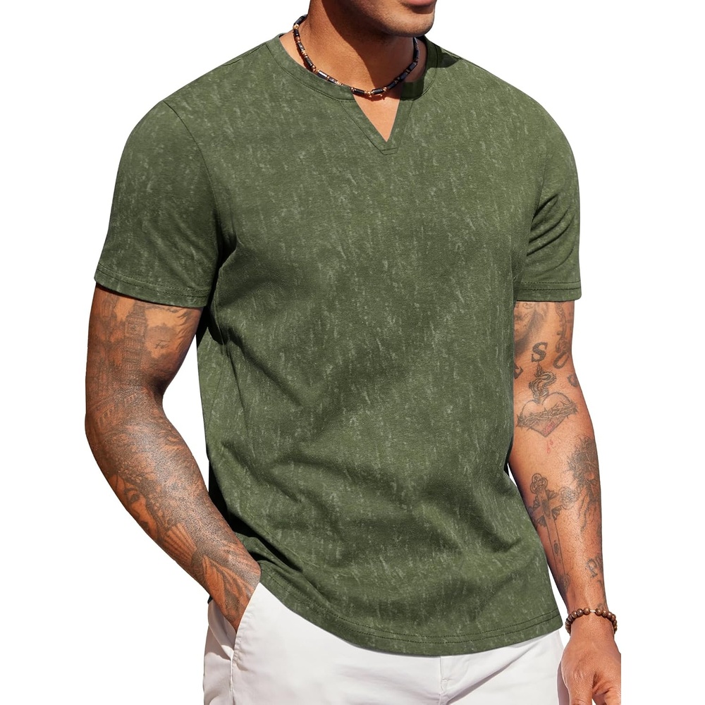 image:imageCOOFANDY Mens T Shirts V Neck 100 Cotton Short Sleeve Casual Summer Vintage Tee ShirtArmy Green