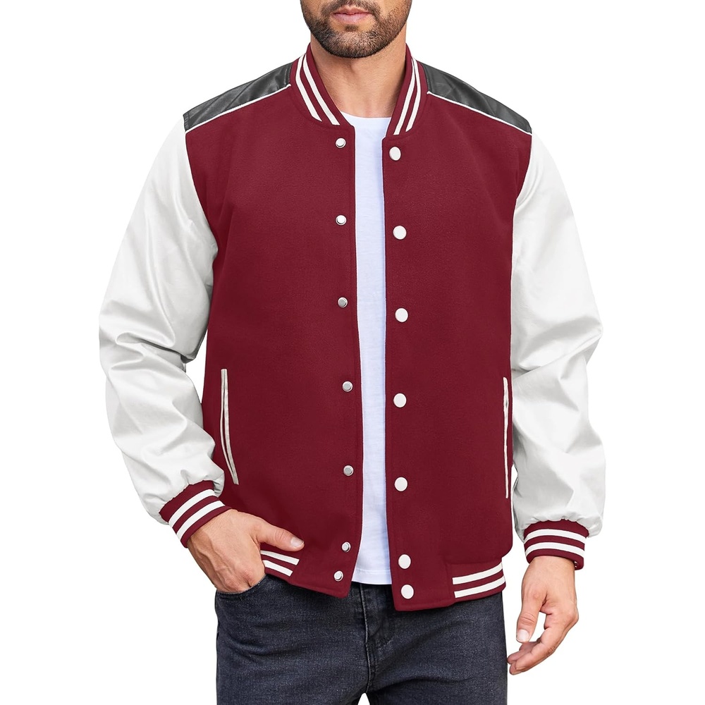 image:imageCOOFANDY Mens Varsity Jacket Casual Leather Sleeve Baseball Letterman Bomber Jacket CoatWine Red