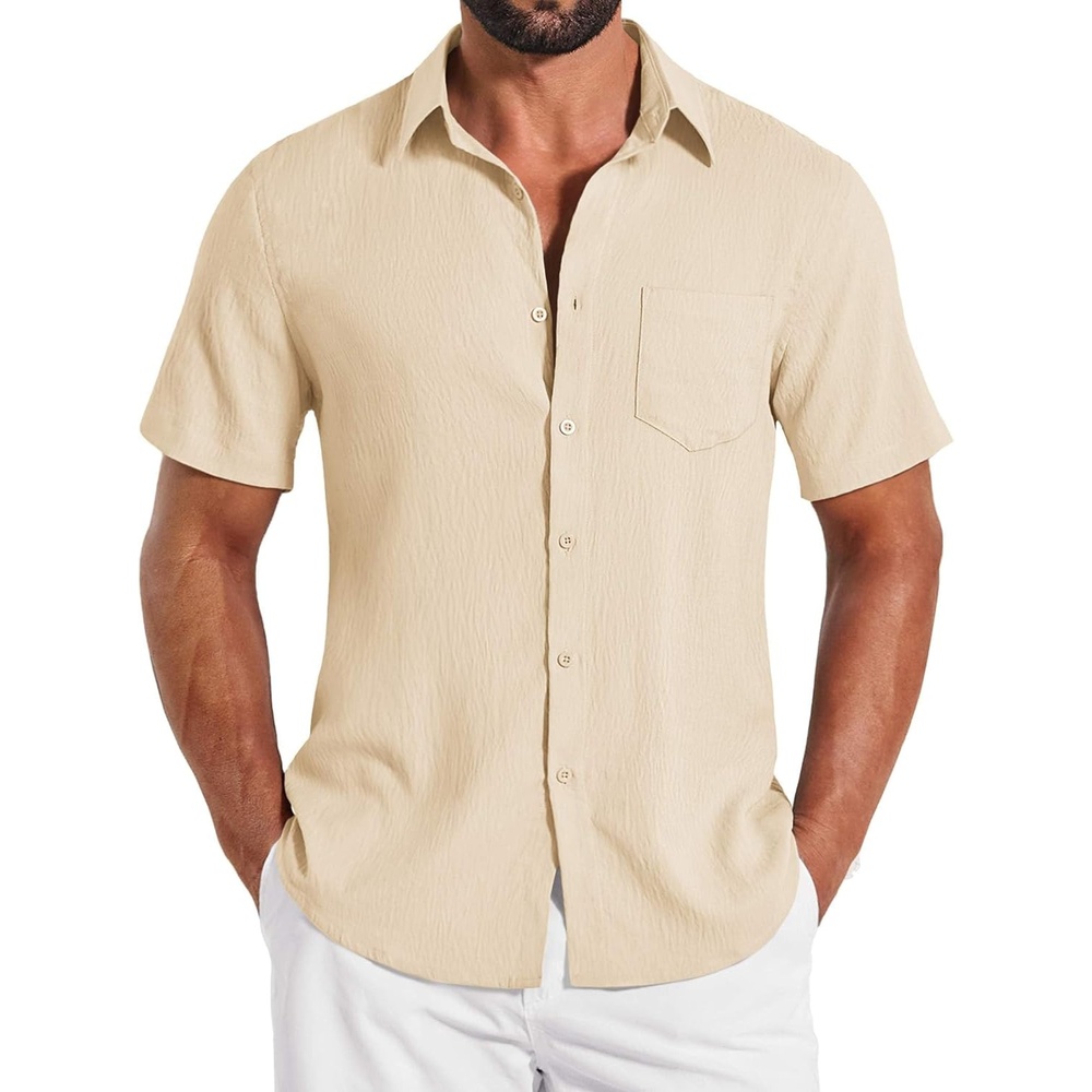image:imageCOOFANDY Shirts for Mens Button Down Short Sleeve Shirts Casual Summer Beach Textured Shirts with PocketBeige