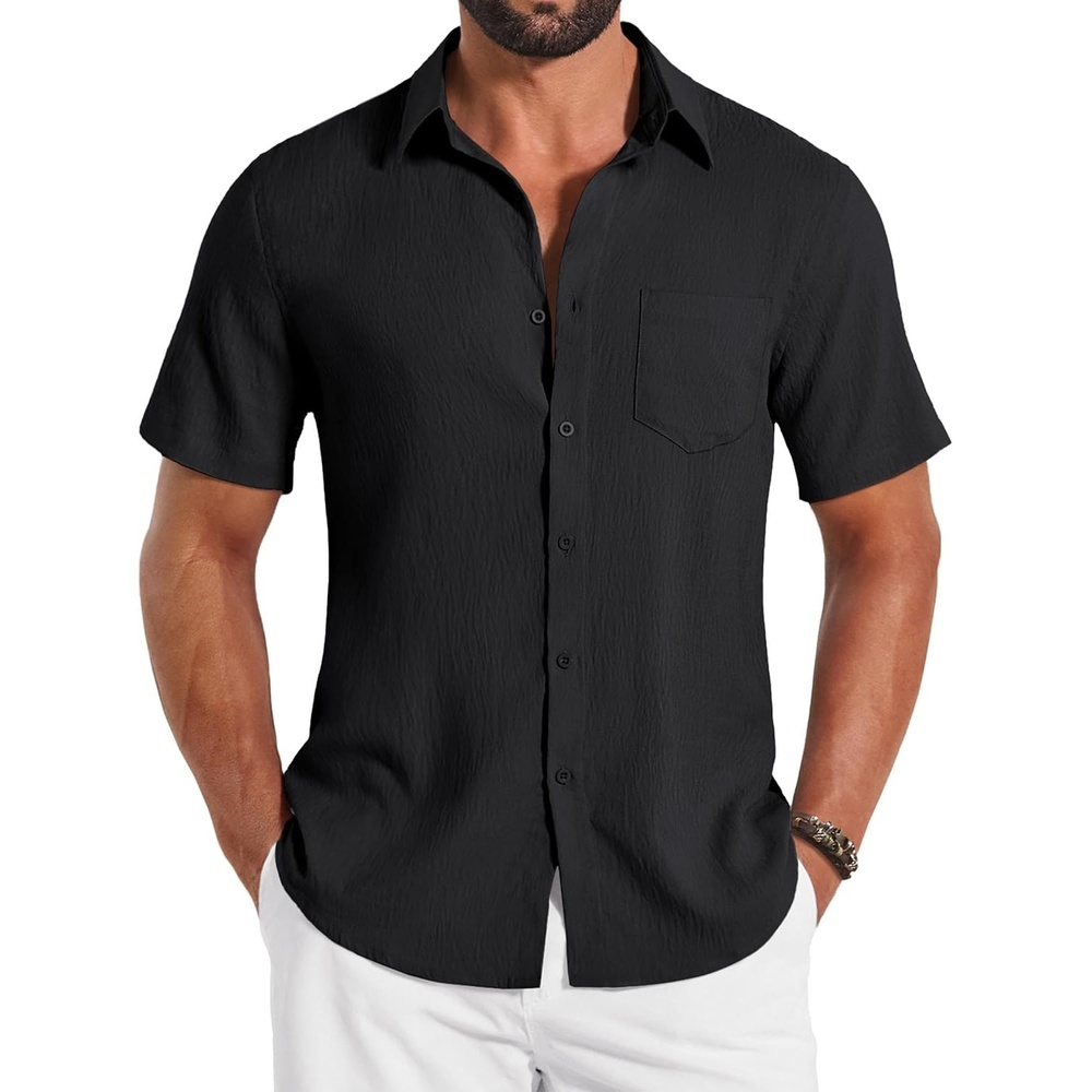 image:imageCOOFANDY Shirts for Mens Button Down Short Sleeve Shirts Casual Summer Beach Textured Shirts with PocketBlack