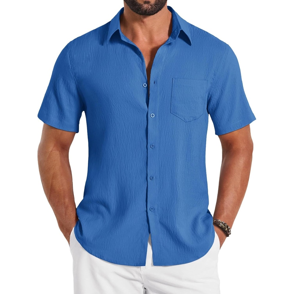 image:imageCOOFANDY Shirts for Mens Button Down Short Sleeve Shirts Casual Summer Beach Textured Shirts with PocketBlue