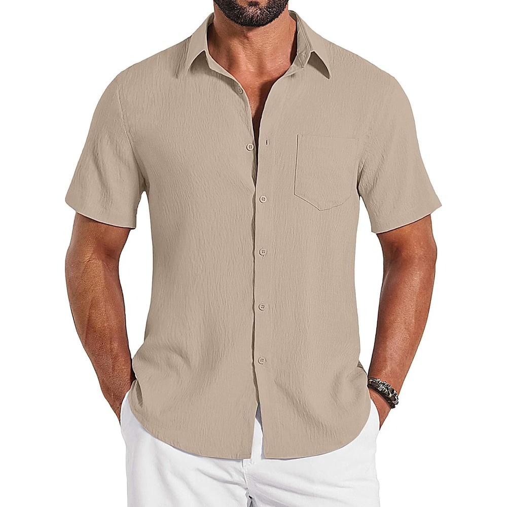 image:imageCOOFANDY Shirts for Mens Button Down Short Sleeve Shirts Casual Summer Beach Textured Shirts with PocketKhaki