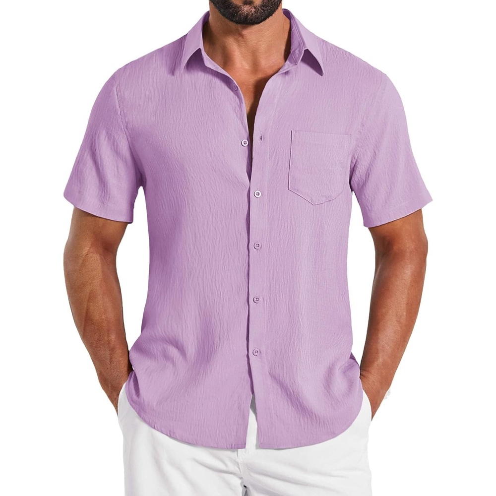 image:imageCOOFANDY Shirts for Mens Button Down Short Sleeve Shirts Casual Summer Beach Textured Shirts with PocketLavender