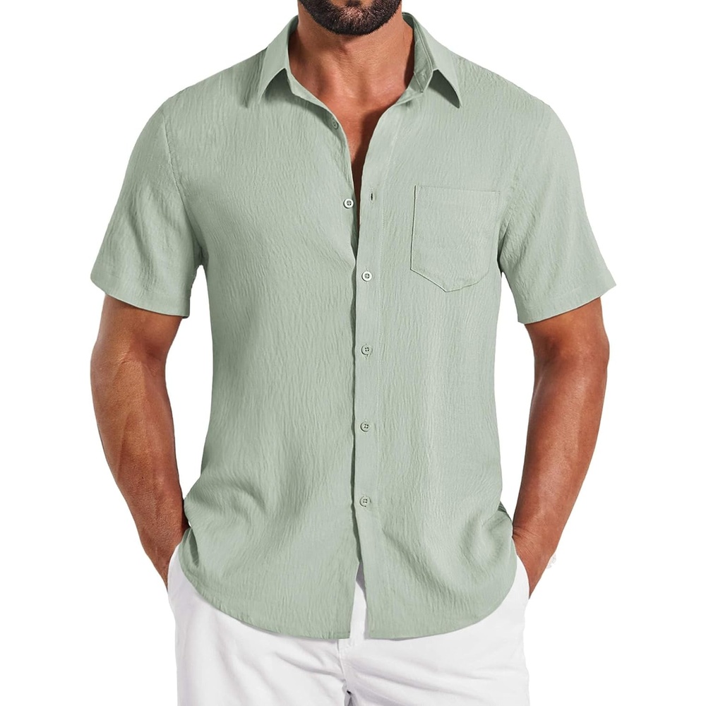 image:imageCOOFANDY Shirts for Mens Button Down Short Sleeve Shirts Casual Summer Beach Textured Shirts with PocketLight Green