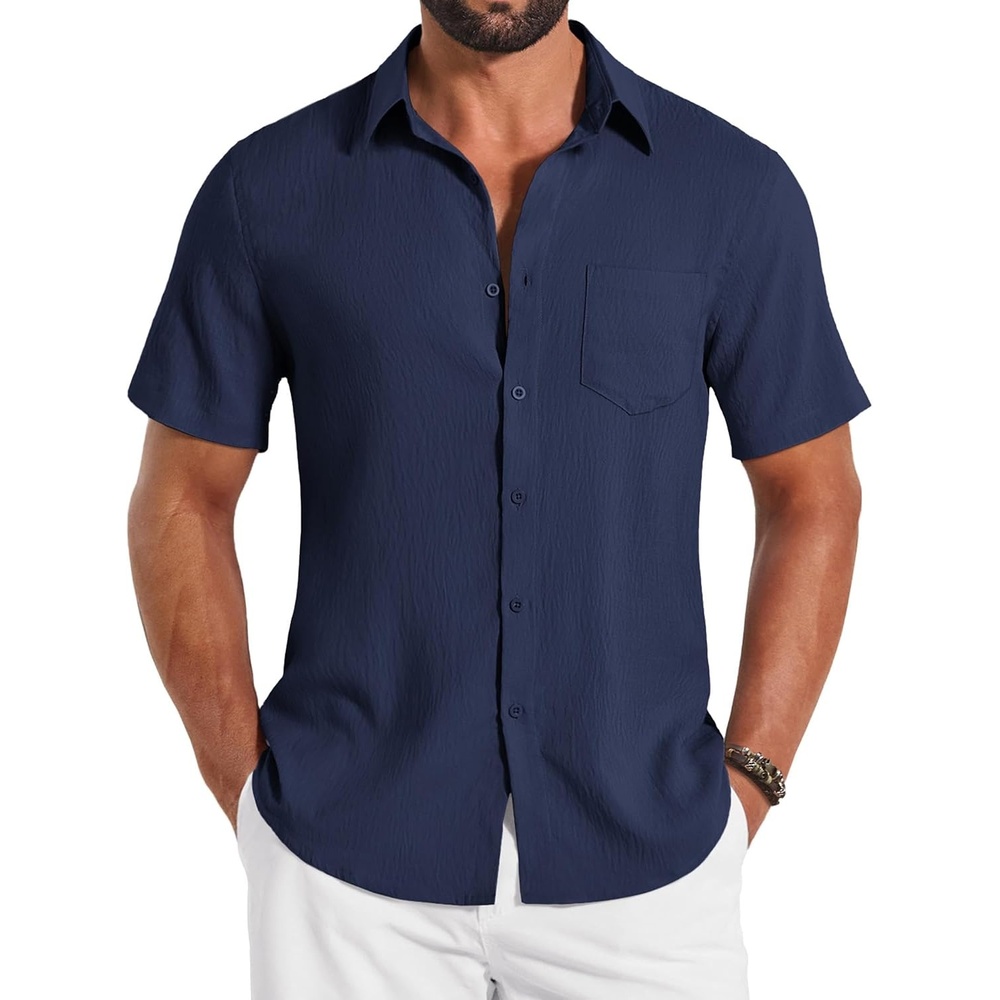 image:imageCOOFANDY Shirts for Mens Button Down Short Sleeve Shirts Casual Summer Beach Textured Shirts with PocketNavy Blue