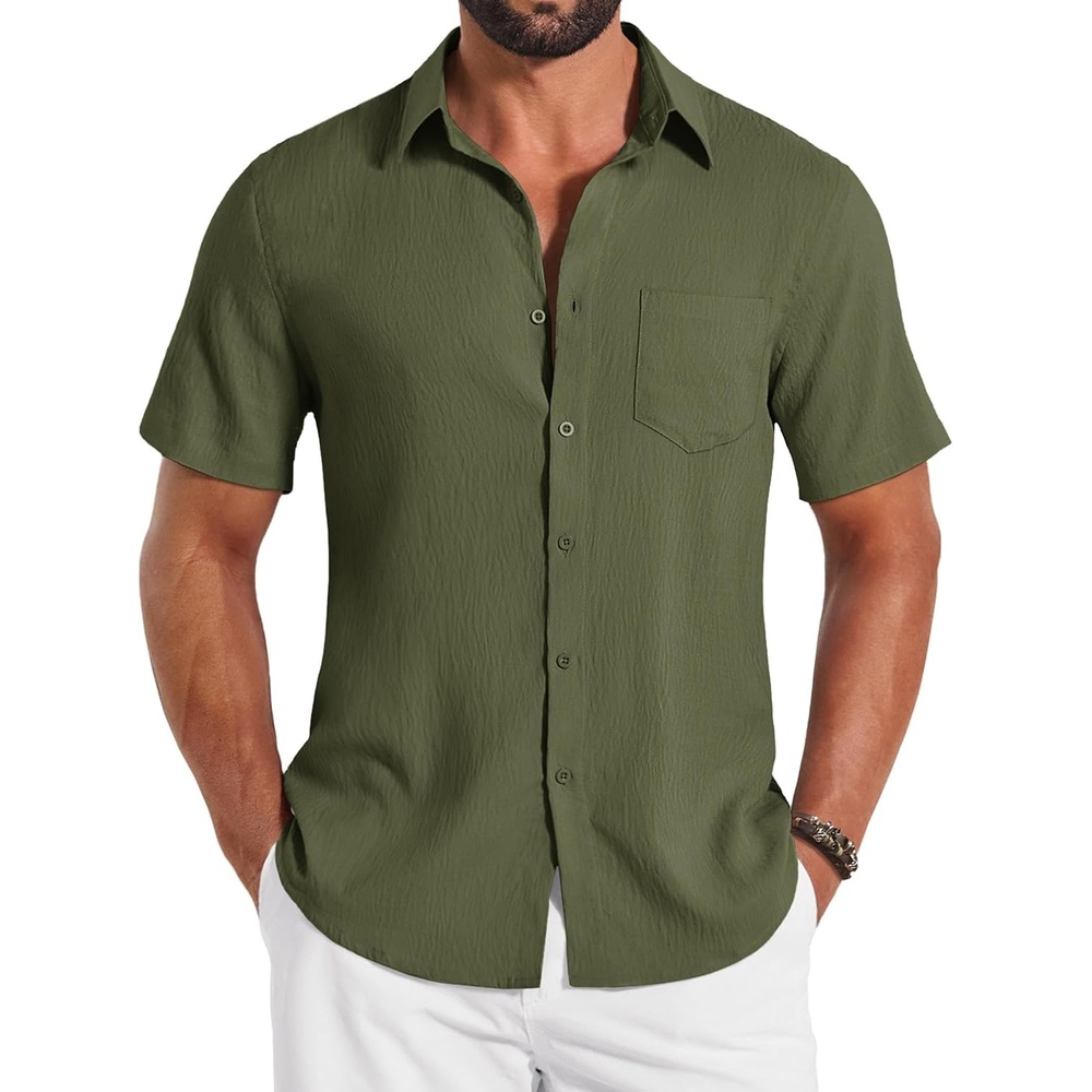 image:imageCOOFANDY Shirts for Mens Button Down Short Sleeve Shirts Casual Summer Beach Textured Shirts with PocketOlive Green