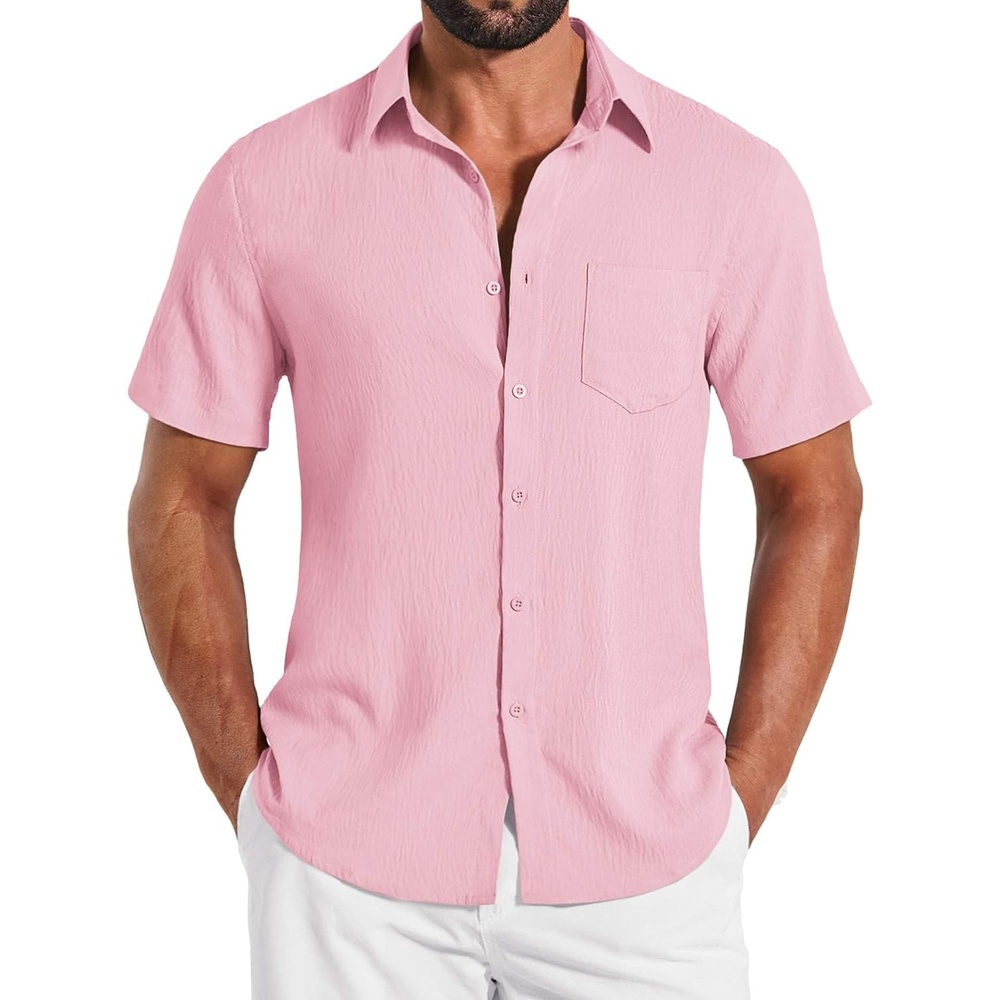 image:imageCOOFANDY Shirts for Mens Button Down Short Sleeve Shirts Casual Summer Beach Textured Shirts with PocketPink