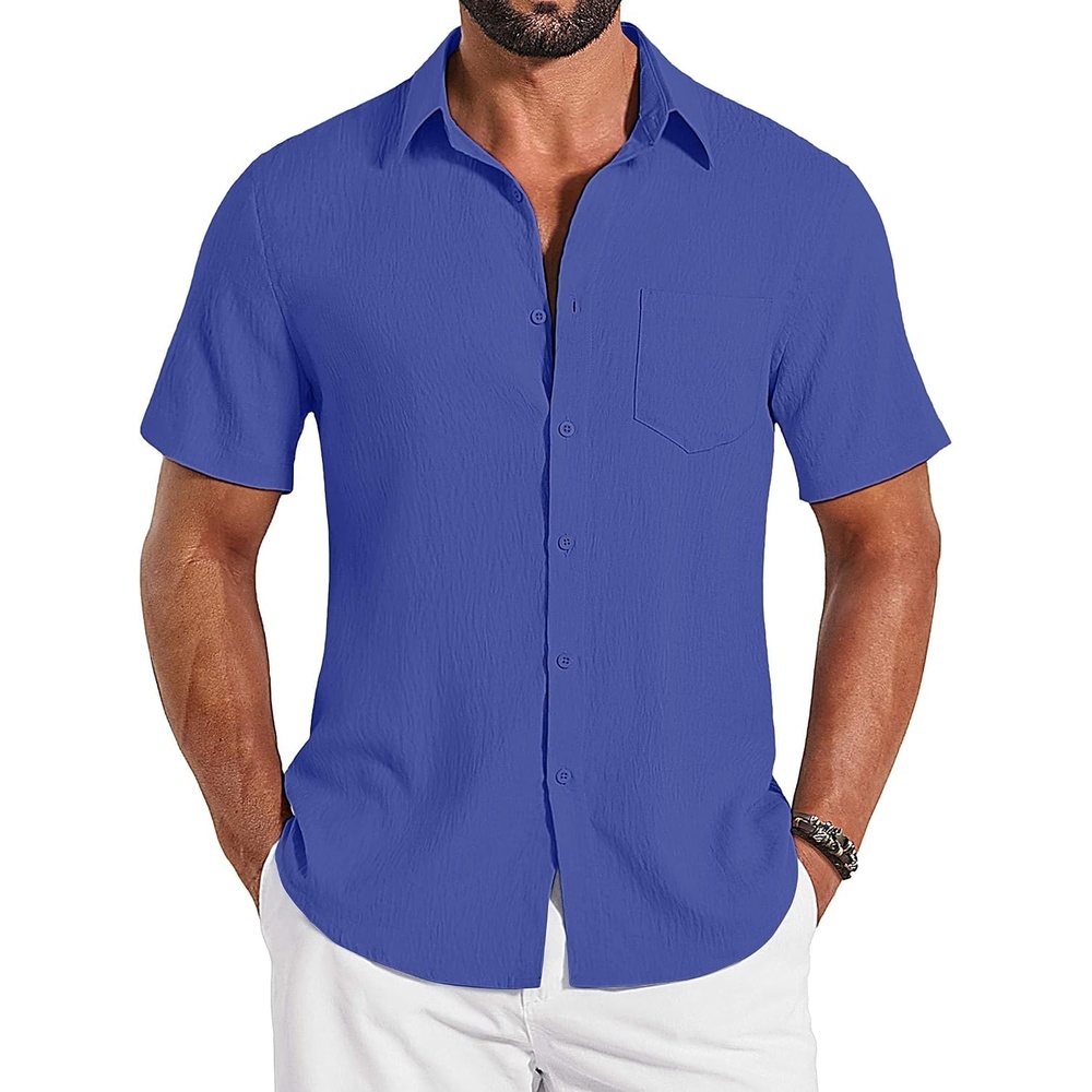 image:imageCOOFANDY Shirts for Mens Button Down Short Sleeve Shirts Casual Summer Beach Textured Shirts with PocketRoyal Blue
