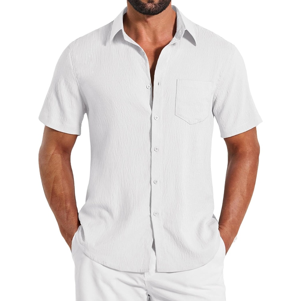 image:imageCOOFANDY Shirts for Mens Button Down Short Sleeve Shirts Casual Summer Beach Textured Shirts with PocketWhite