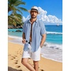 COOFANDY Linen Shirts for Men Short Sleeve Button Down Shirt Casual Beach Summer Vacation Shirt with Pocket(Light Blue)