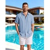 COOFANDY Linen Shirts for Men Short Sleeve Button Down Shirt Casual Beach Summer Vacation Shirt with Pocket(Light Blue)