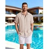 COOFANDY Linen Shirts for Men Short Sleeve Button Down Shirt Casual Beach Summer Vacation Shirt with Pocket(Light Khaki)