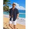 COOFANDY Linen Shirts for Men Short Sleeve Button Down Shirt Casual Beach Summer Vacation Shirt with Pocket(Navy Blue)