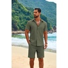 COOFANDY Men’s 2 Piece Outfits Cuban Guayabera Short Sleeve Shirts and Shorts Summer Beach Vacation Sets for Men(Army Green)