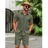COOFANDY Men’s 2 Piece Outfits Cuban Guayabera Short Sleeve Shirts and Shorts Summer Beach Vacation Sets for Men(Army Green)